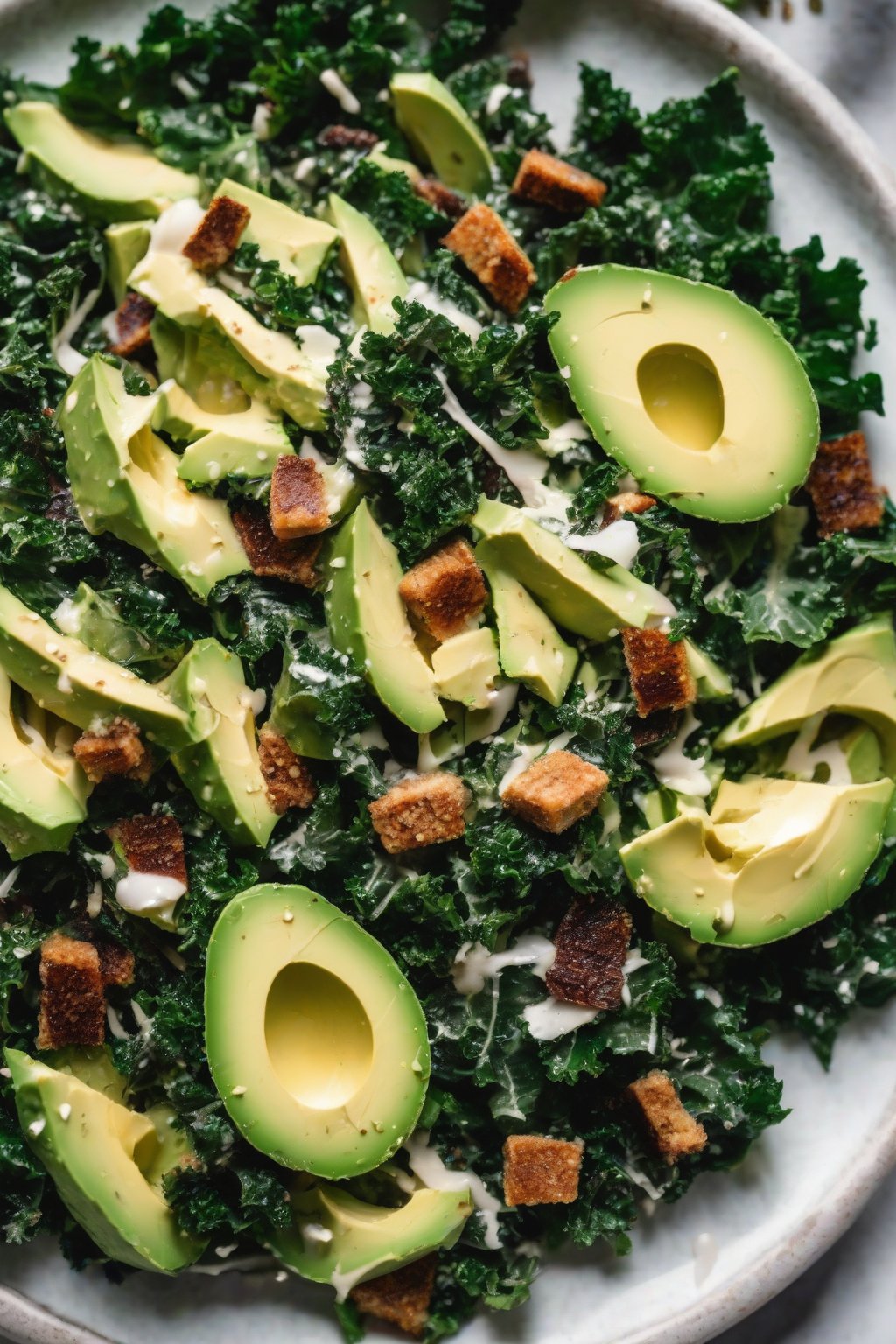 A close-up photo of kale Cesar salad with avocado slices under soft lighting.