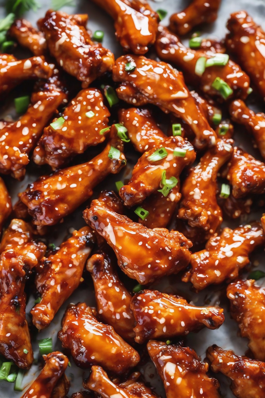 A close-up photo of sriracha hot honey on chicken wings under soft lighting.