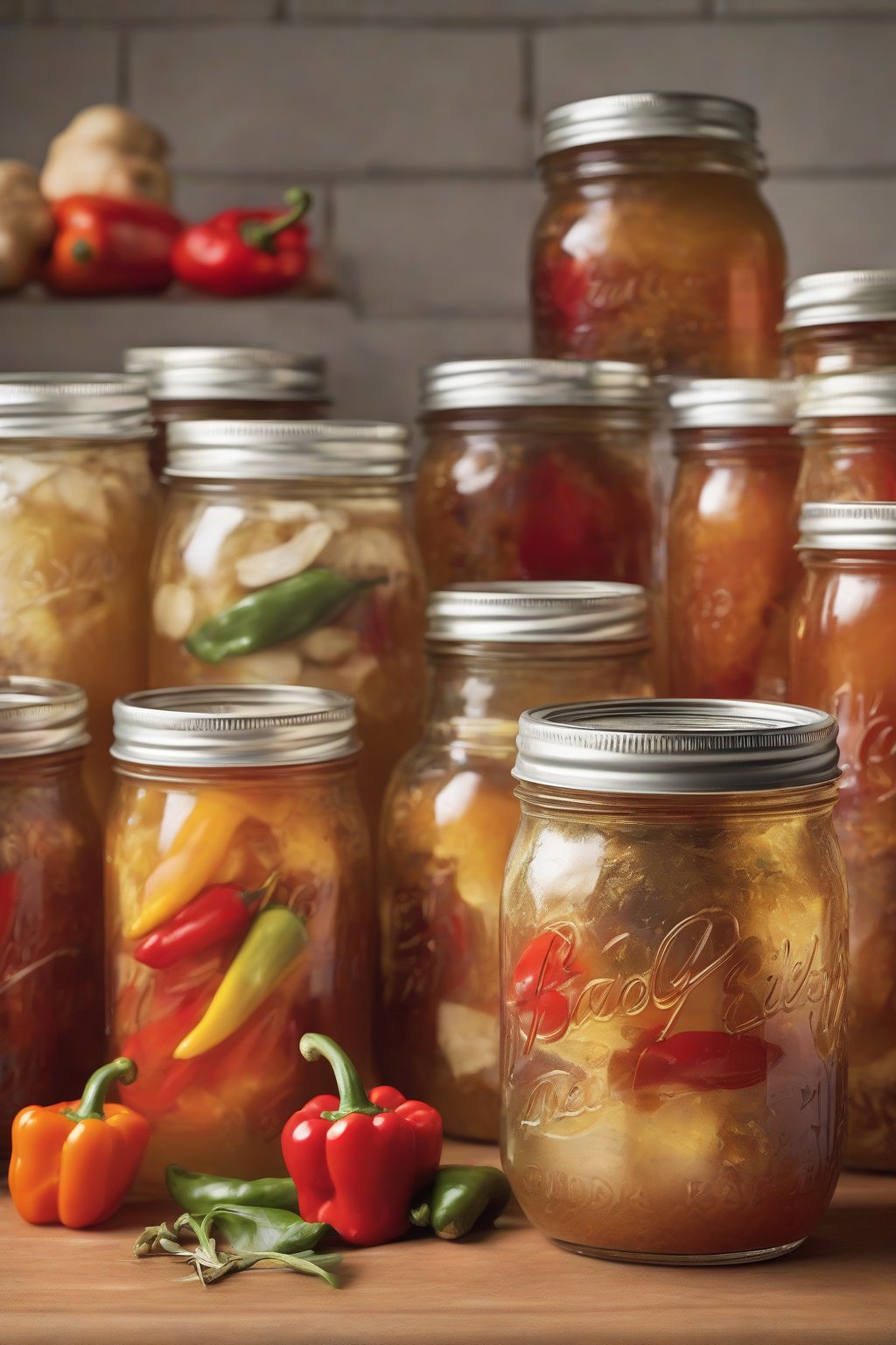 A high-resolution photo of a mason jar filled with vibrant classic fire cider ingredients like ginger, garlic, and peppers, under soft lighting.