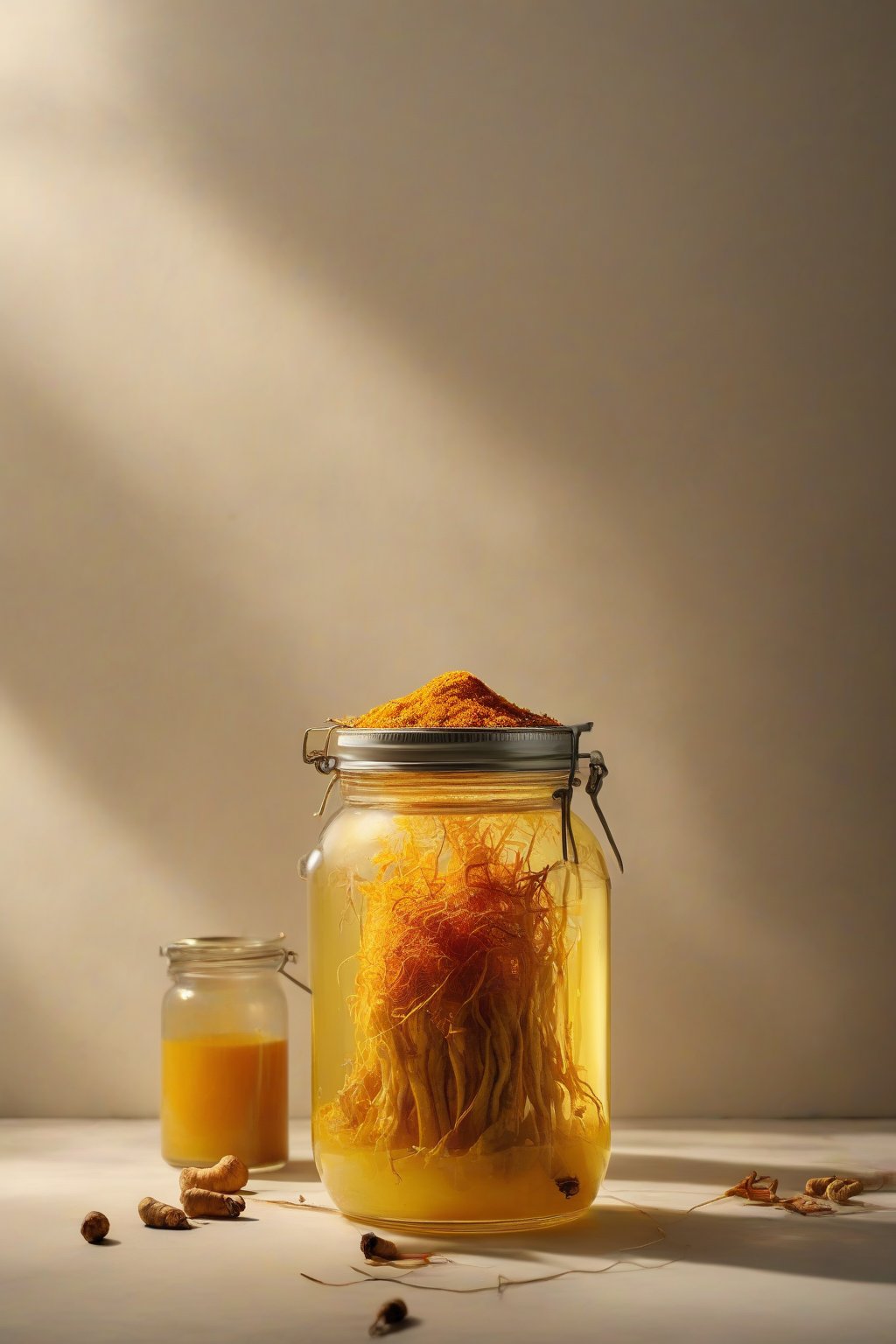 A high-resolution photo of golden turmeric fire cider in a clear jar with floating roots and spices, under soft lighting.