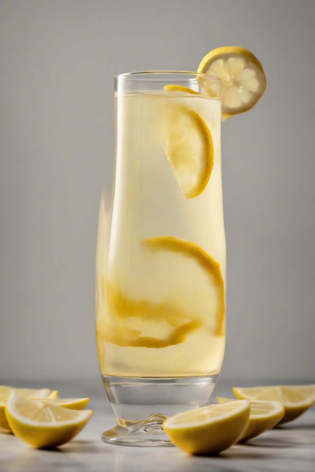 A high-resolution photo of bright ginger-lemon fire cider poured into a glass with lemon slices, under soft lighting.