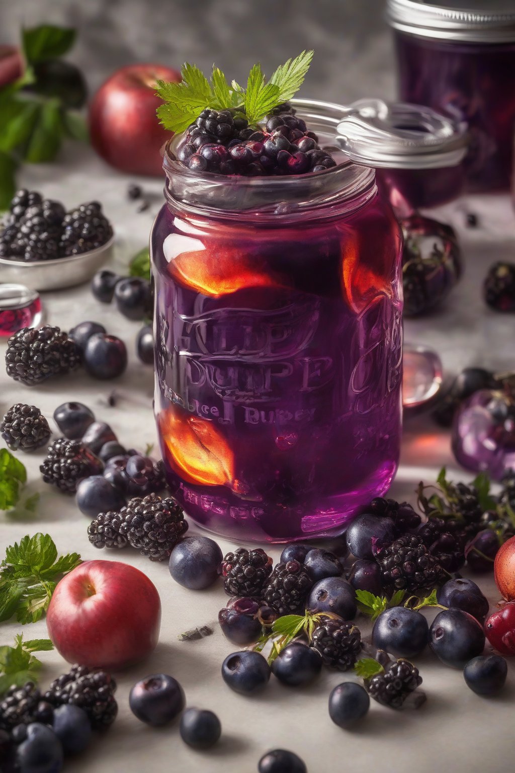 A high-resolution photo of deep purple elderberry fire cider in a jar with berries and herbs visible, under soft lighting.