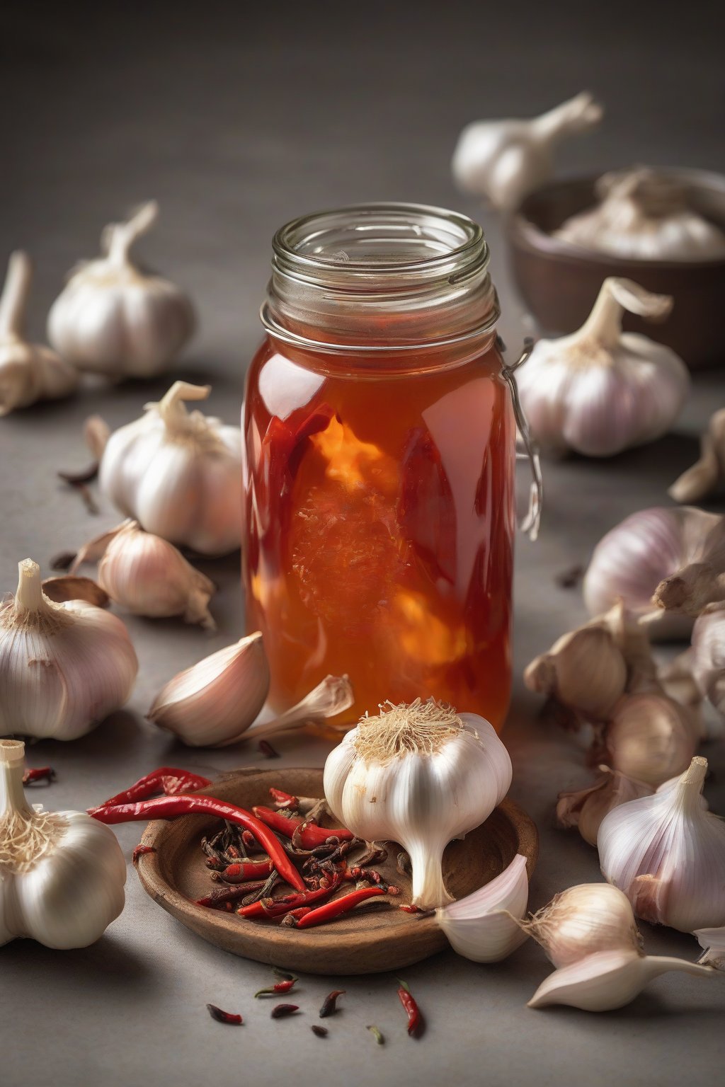 A high-resolution photo of garlic-dominant fire cider with whole cloves and spicy peppers in a jar, under soft lighting.