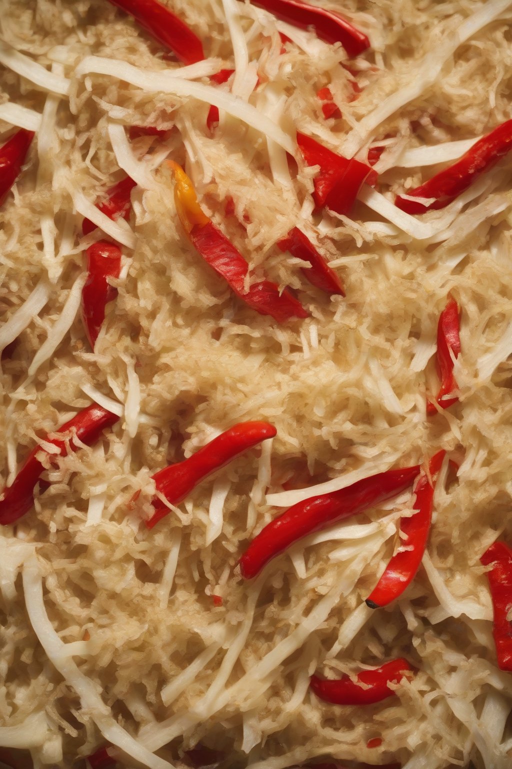 A high-resolution photo of fiery horseradish fire cider with grated root and red peppers, under soft lighting.