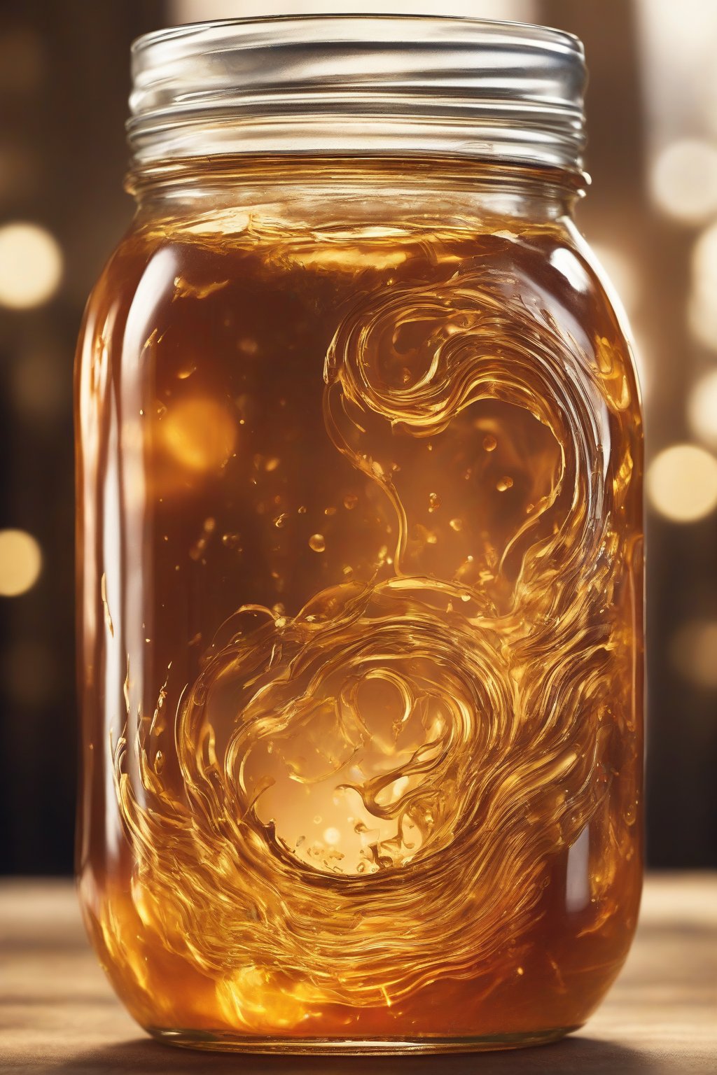 A high-resolution photo of honey-drizzled fire cider in a jar with golden swirls, under soft lighting.