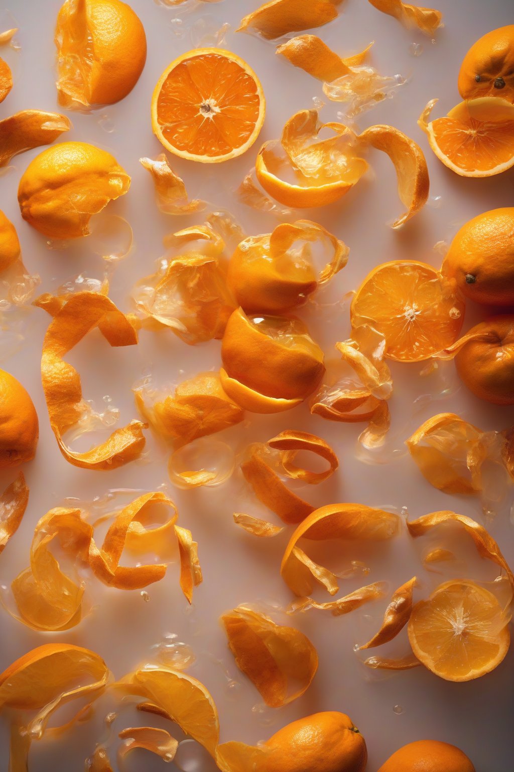 A high-resolution photo of vibrant citrus fire cider with orange peels and pulp floating, under soft lighting.