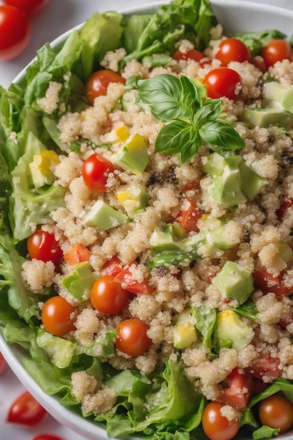 A close-up photo of quinoa Cesar salad bowl with tomatoes under soft lighting.