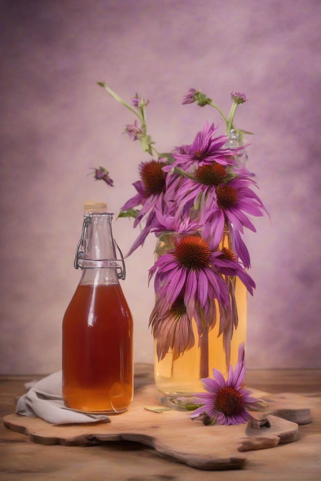 A high-resolution photo of echinacea-infused fire cider with purple flowers and roots, under soft lighting.