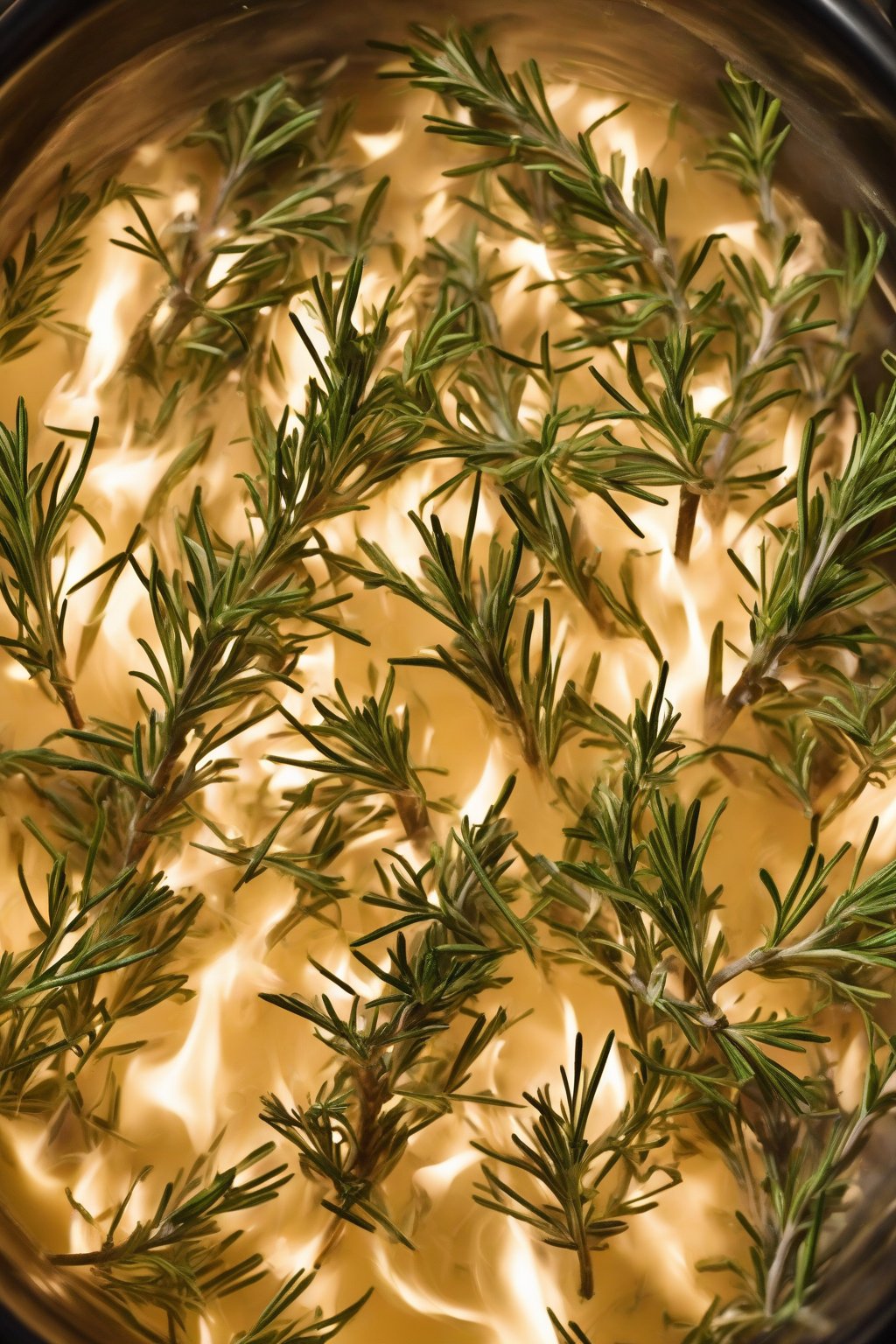 A high-resolution photo of herb-packed rosemary-thyme fire cider with green sprigs visible, under soft lighting.