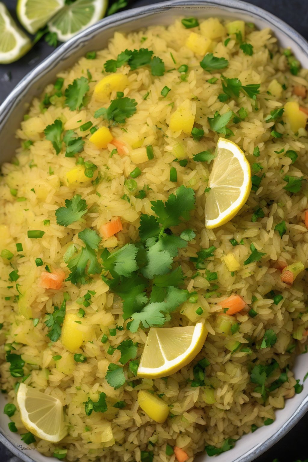 A high-resolution photo of steaming vegetable poha garnished with lemon wedges and coriander, under soft lighting.