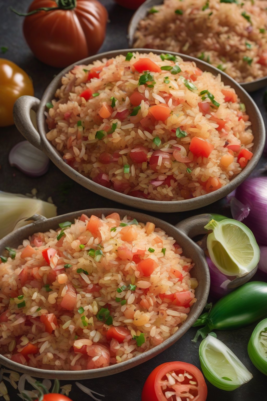 A high-resolution photo of vibrant onion tomato poha with visible chunks of tomato and onion, under soft lighting.