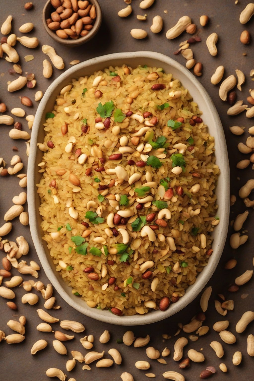 A high-resolution photo of peanut poha with roasted peanuts scattered on top, under soft lighting.
