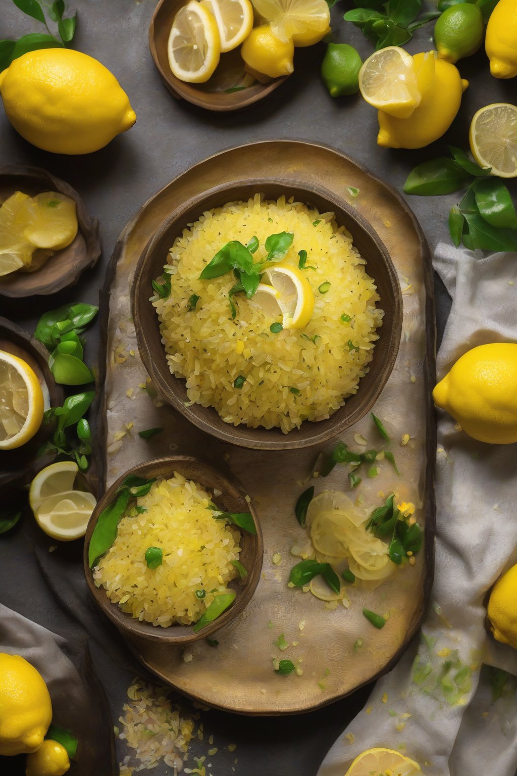 A high-resolution photo of lemon poha drizzled with fresh lemon, vibrant yellow hues, under soft lighting.