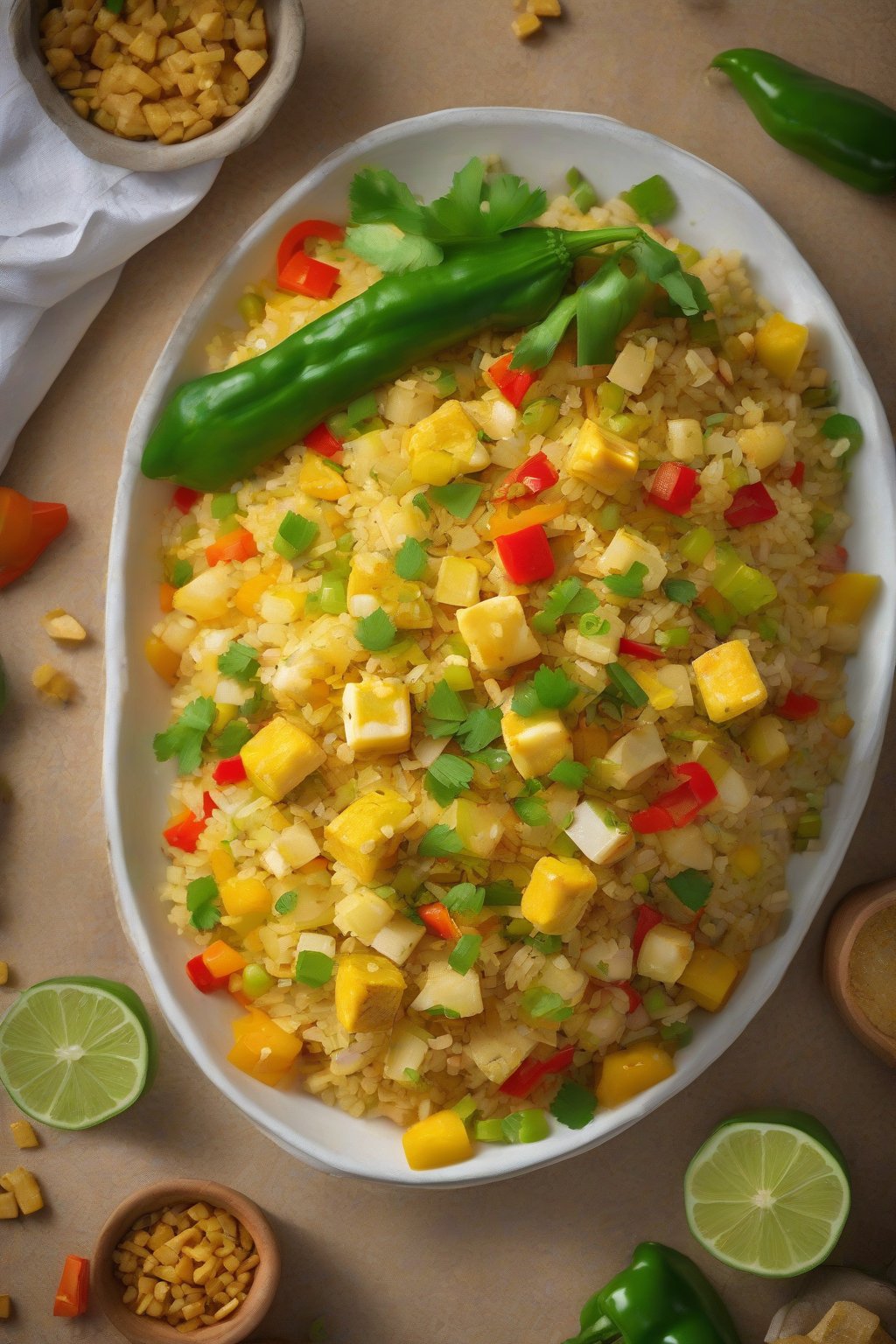 A high-resolution photo of paneer poha with golden paneer cubes and bell peppers, under soft lighting.