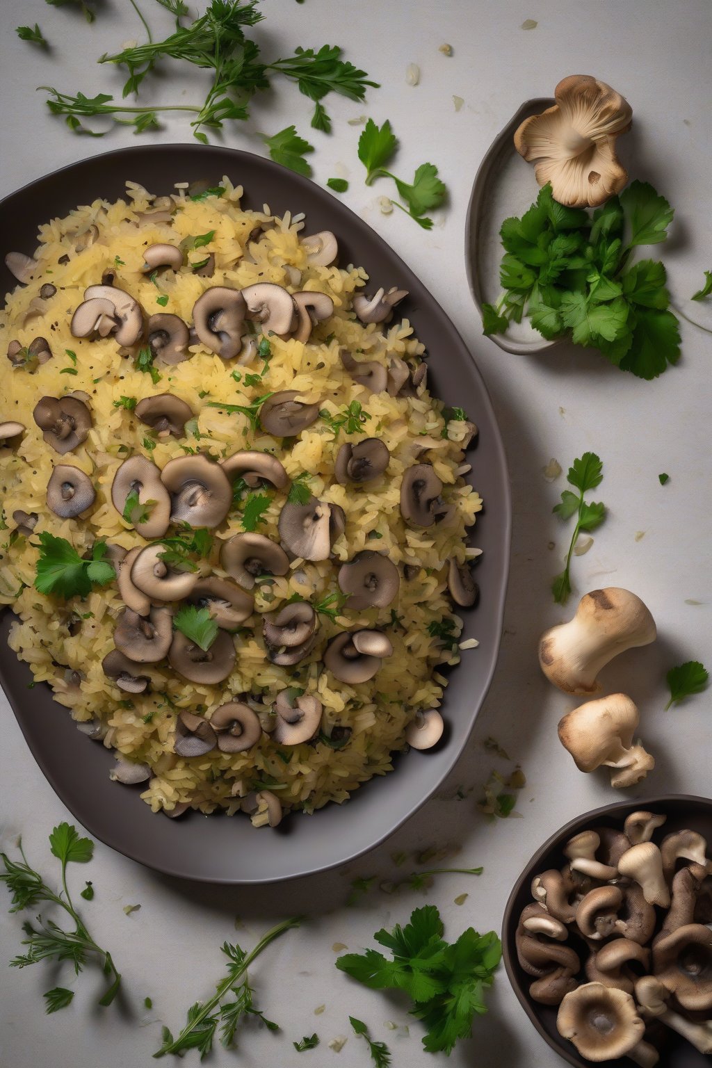 A high-resolution photo of mushroom poha featuring sliced mushrooms and herbs, under soft lighting.