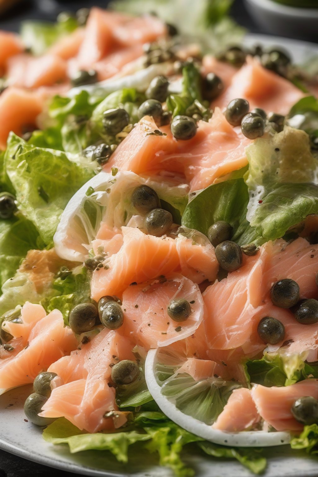 A close-up photo of smoked salmon Cesar salad with capers under soft lighting.