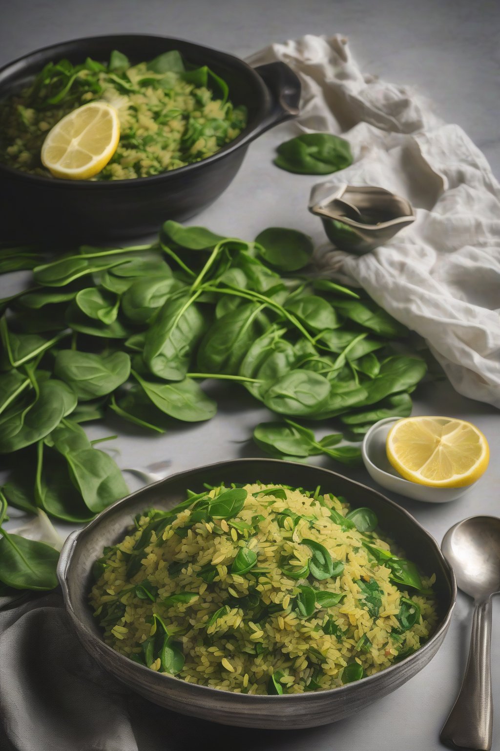 A high-resolution photo of green spinach poha steaming with fresh leaves, under soft lighting.