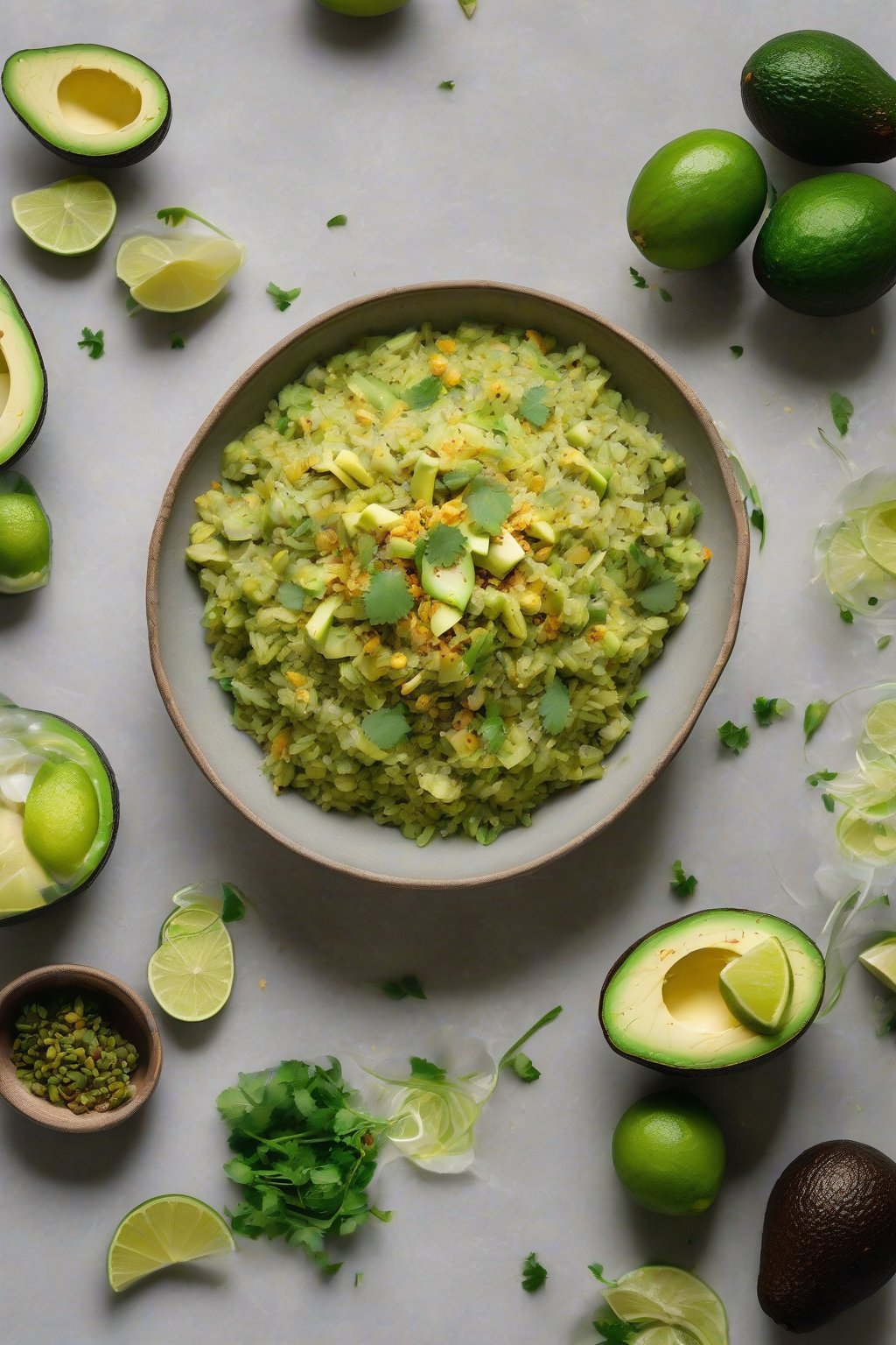 A high-resolution photo of avocado poha with creamy green swirls and lime wedges, under soft lighting.