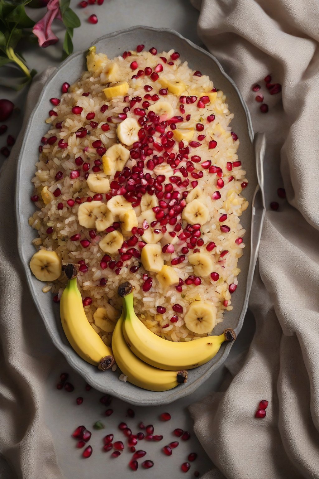 A high-resolution photo of fruit poha topped with colorful pomegranate seeds and banana slices, under soft lighting.