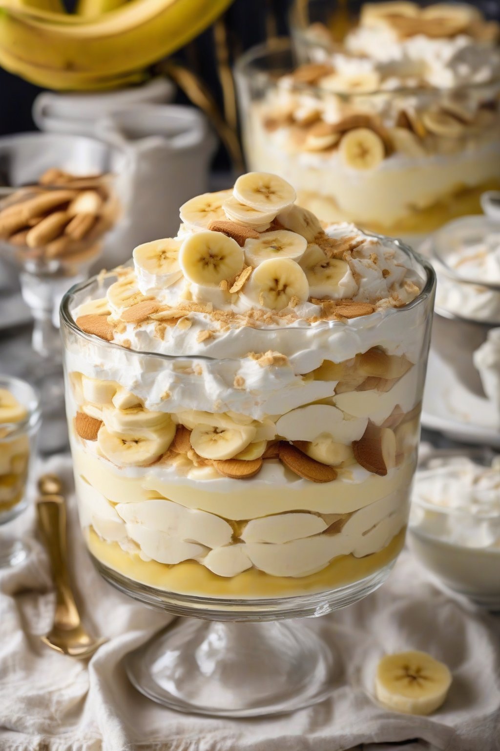 A close-up photo of classic layered banana pudding in a trifle dish, showing creamy layers with banana slices and golden wafers, under soft lighting.
