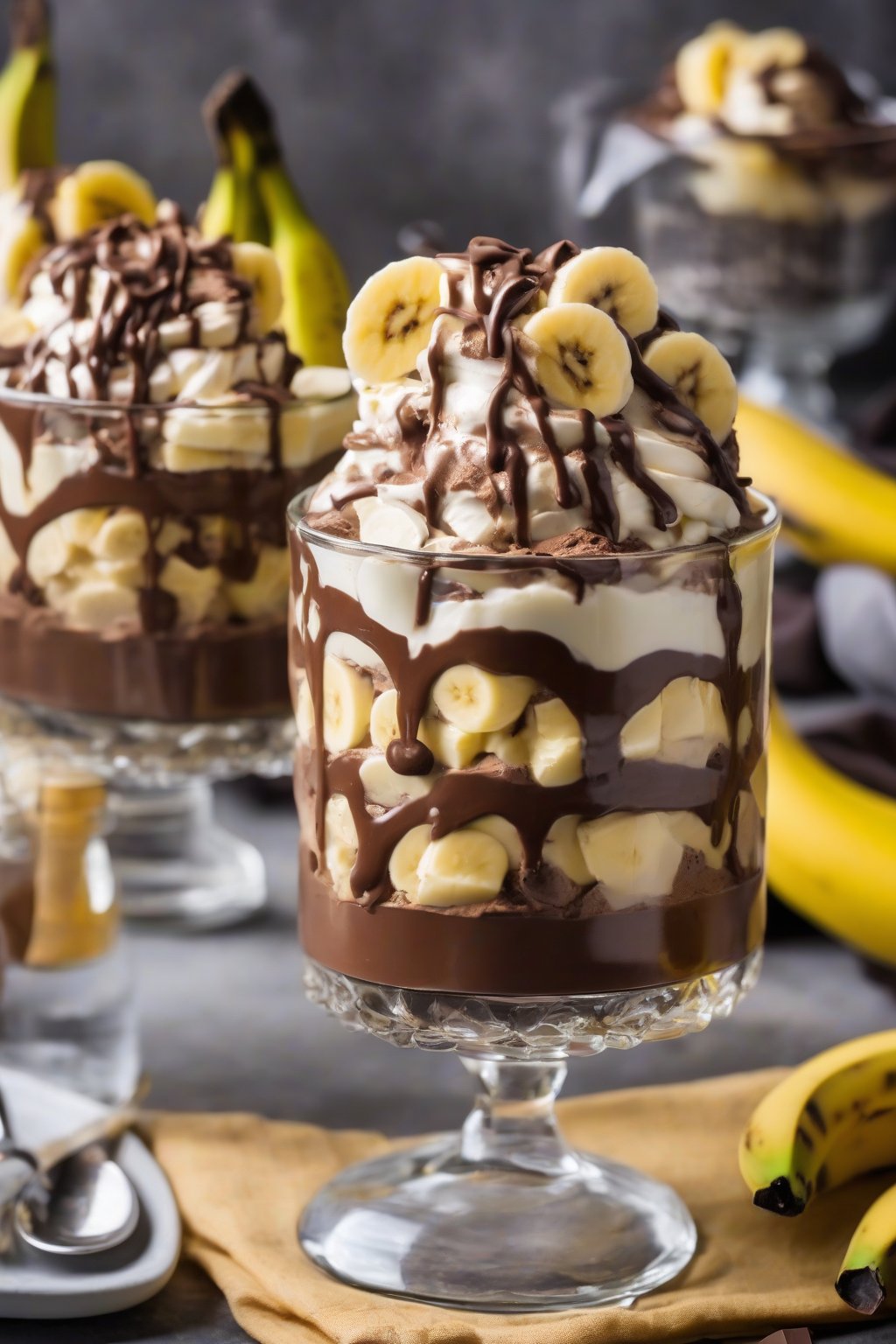 A close-up photo of chocolate banana pudding trifle with glossy chocolate drizzles over creamy layers and banana slices, under soft lighting.