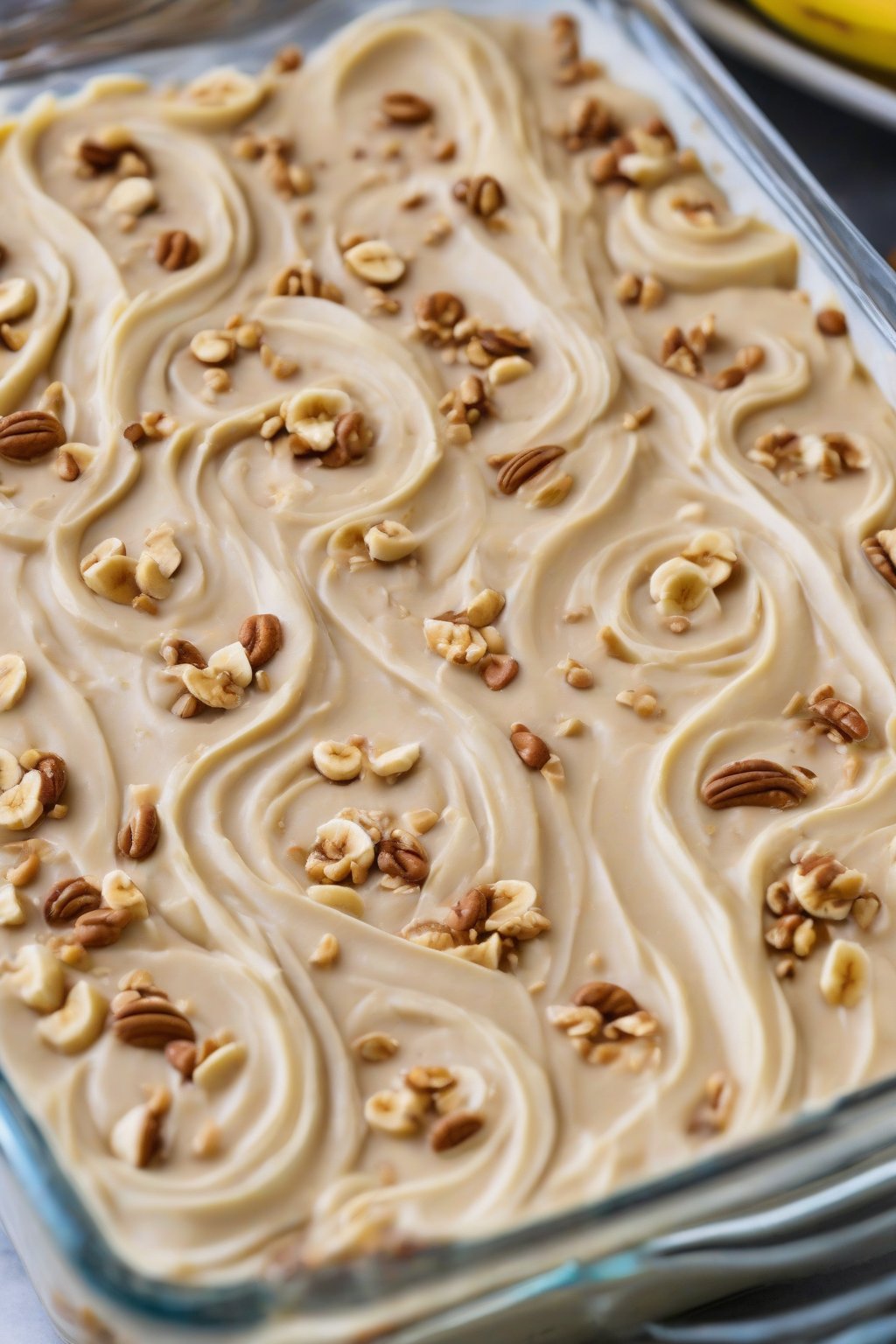A close-up photo of peanut butter banana pudding layers with visible peanut swirls and banana chunks, garnished with crushed nuts, under soft lighting.