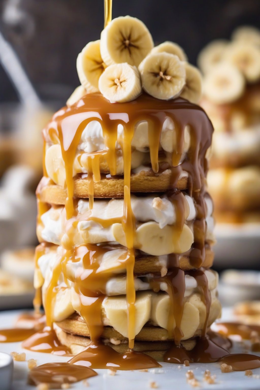 A close-up photo of salted caramel banana pudding stack dripping with caramel over banana layers, sprinkled with sea salt, under soft lighting.