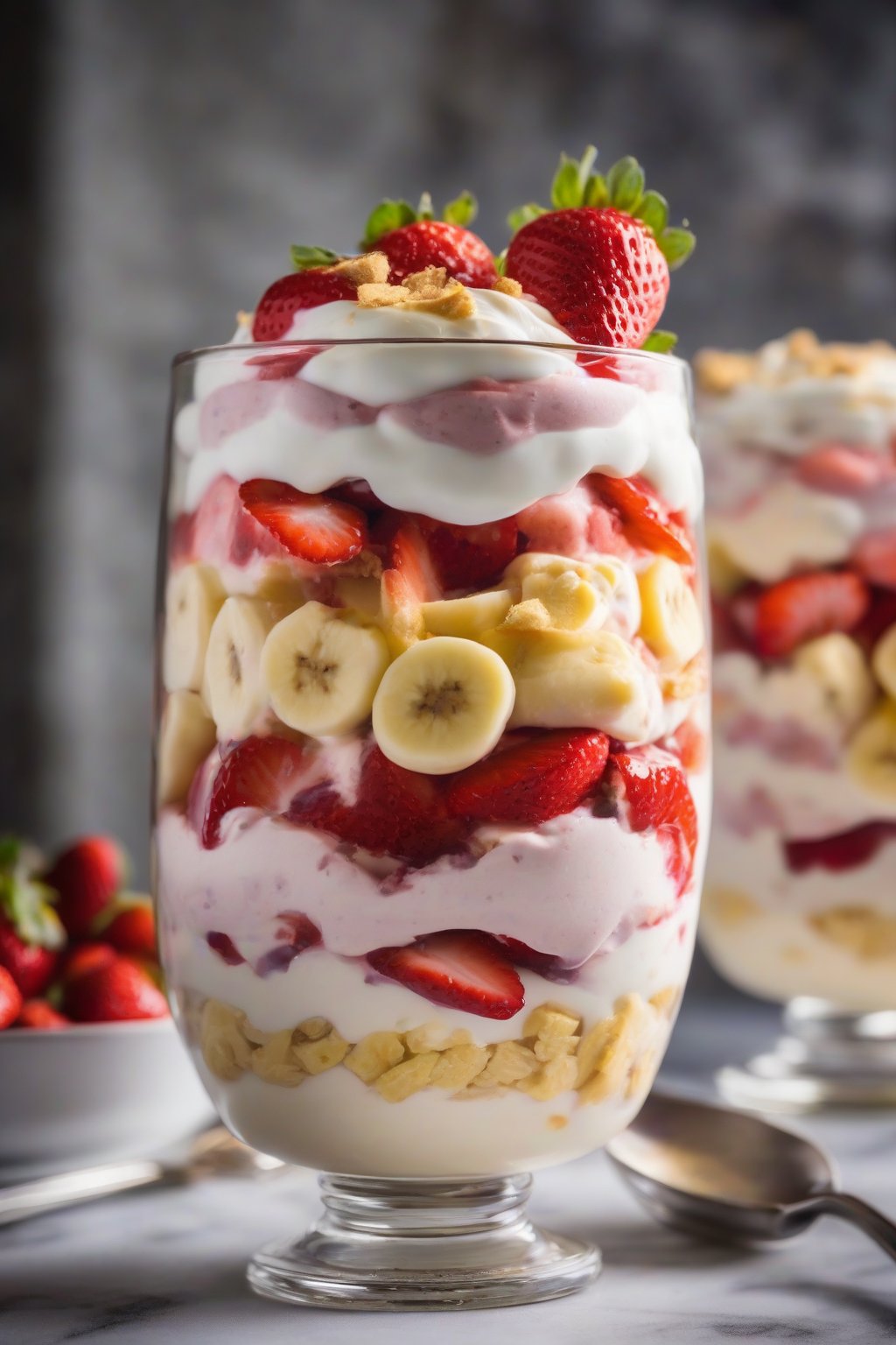 A close-up photo of strawberry banana pudding parfait with juicy berries peeking through creamy white layers, under soft lighting.