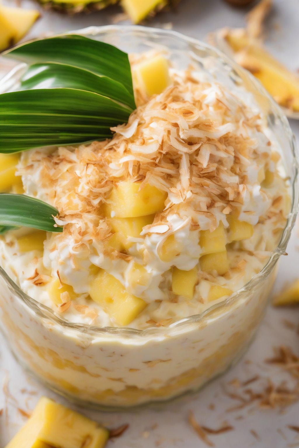 A close-up photo of tropical coconut banana pudding topped with pineapple and toasted coconut shreds over golden layers, under soft lighting.