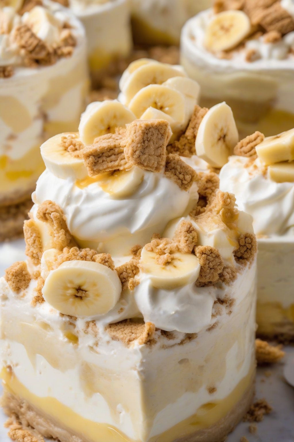 A close-up photo of cheesecake banana pudding with graham cracker crumbs and smooth cream cheese layers revealing banana slices, under soft lighting.
