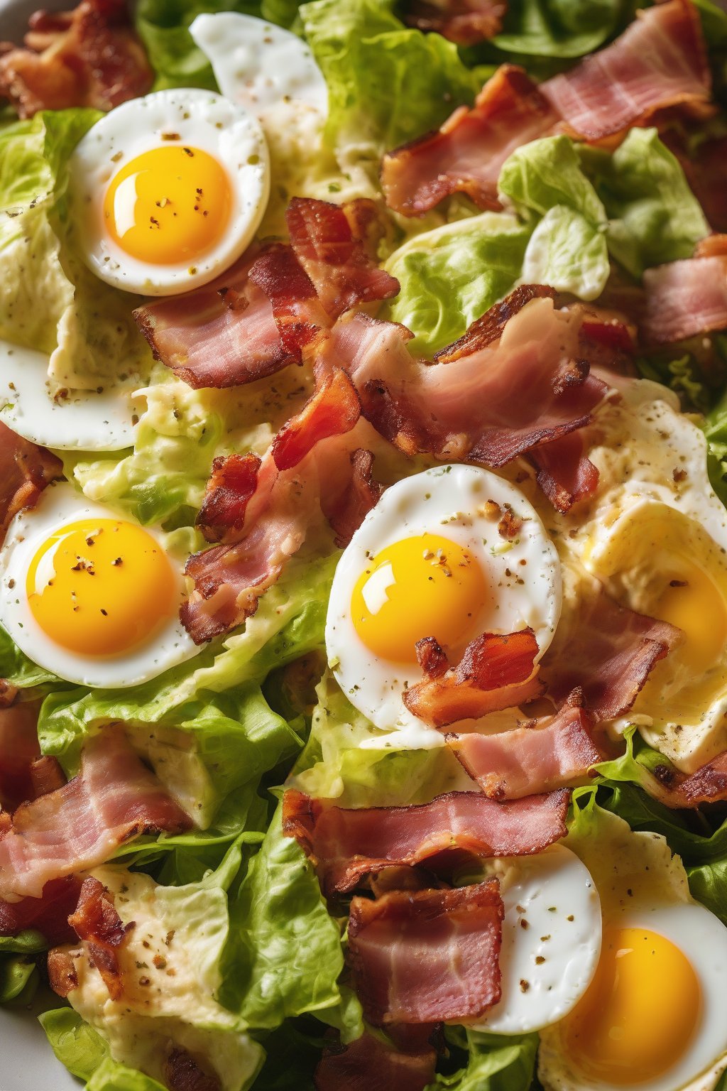 A close-up photo of bacon and egg Cesar salad under soft lighting.