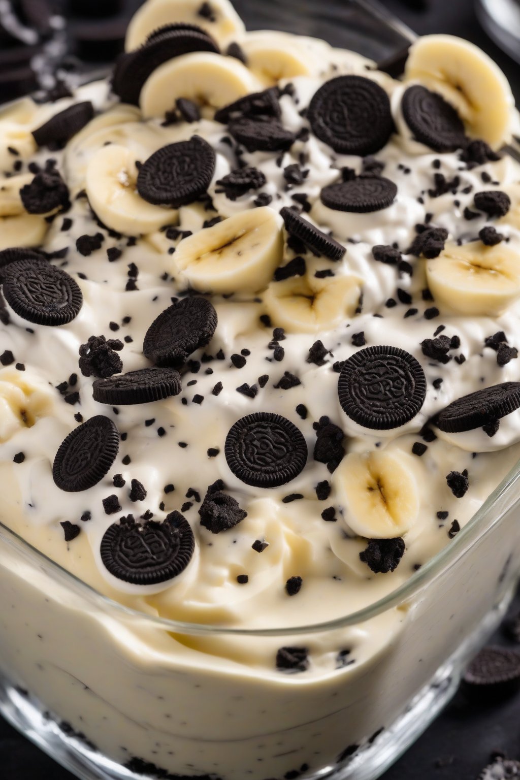 A close-up photo of Oreo banana pudding layers with black cookie crumbs contrasting creamy pudding and banana rounds, under soft lighting.