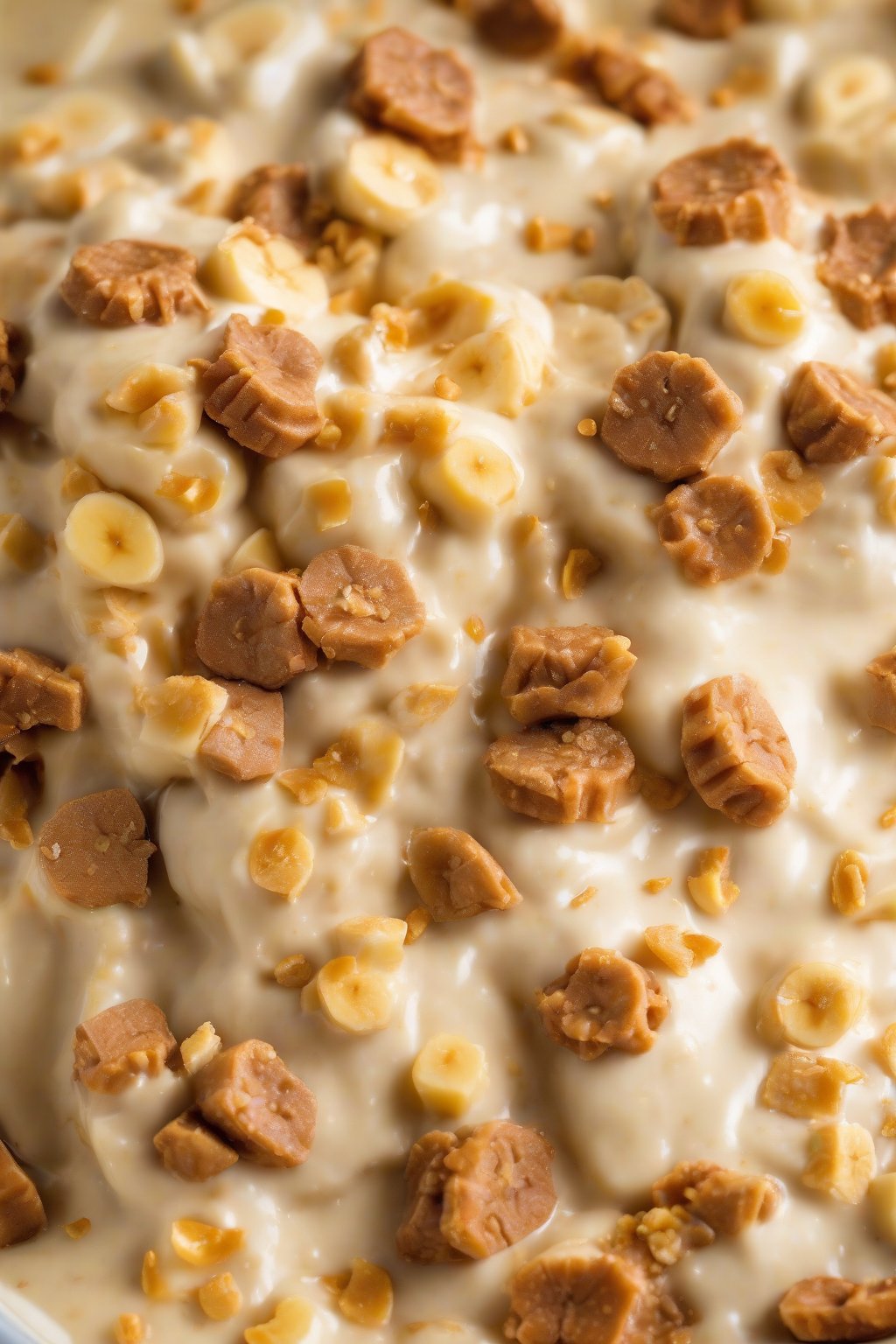 A close-up photo of toffee crunch banana pudding with golden toffee bits scattered over moist banana and wafer layers, under soft lighting.