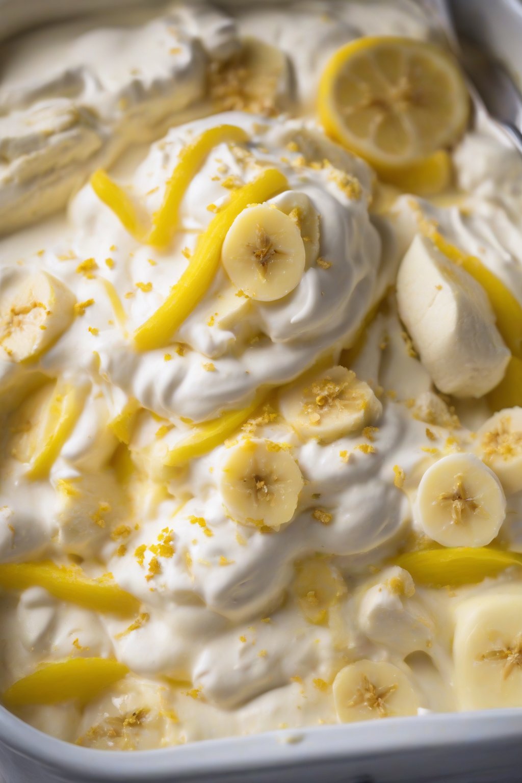 A close-up photo of lemon zest banana pudding with yellow tinges and fresh zest atop creamy banana layers, under soft lighting.