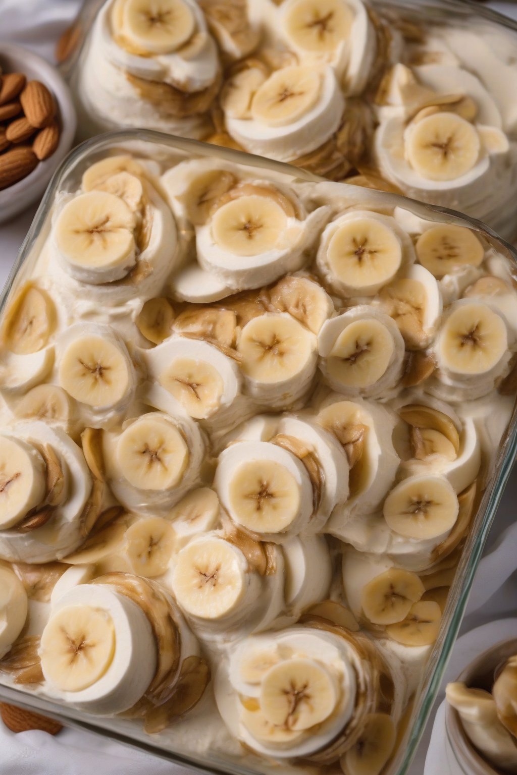 A close-up photo of vegan banana pudding layers with almond swirls, banana slices, and crisp vegan wafers, under soft lighting.