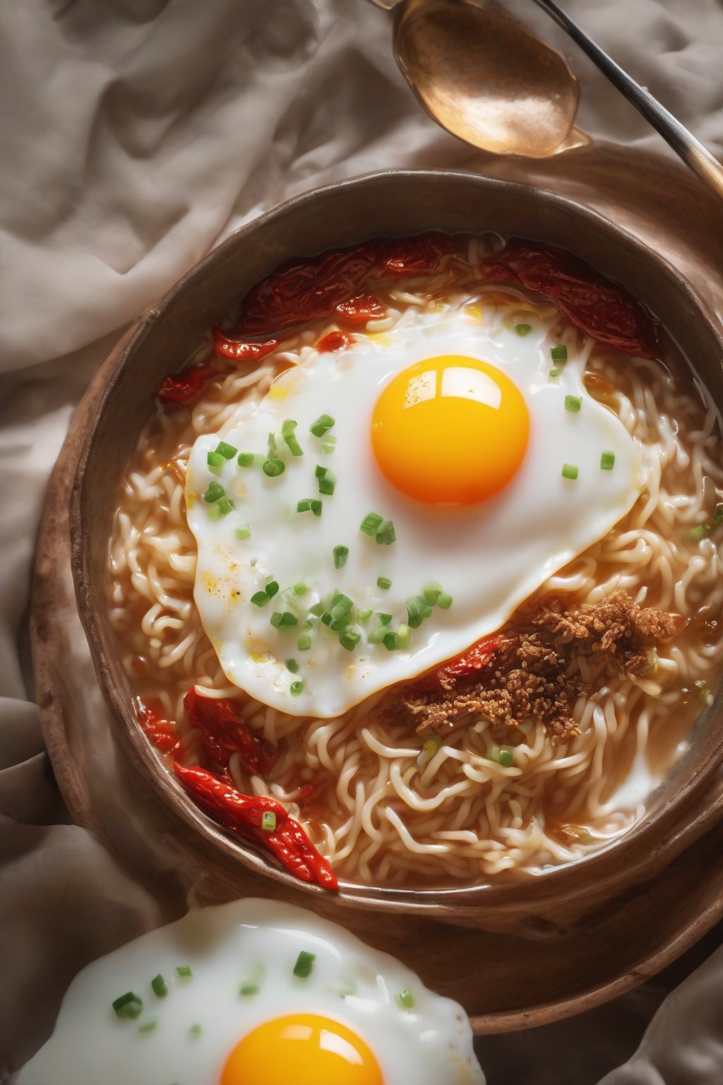 A high-resolution close-up photo of steaming classic Buldak ramen topped with a runny fried egg and ghost pepper flecks under soft lighting.