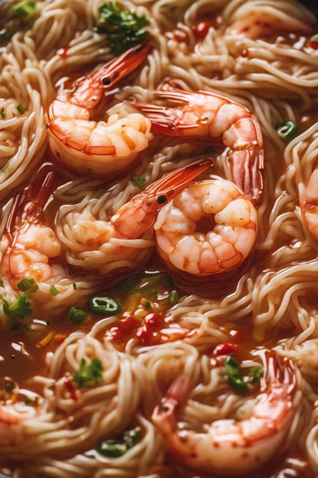 A high-resolution close-up photo of shrimp Buldak ramen swirling with habanero slices and chili oil sheen under soft lighting.
