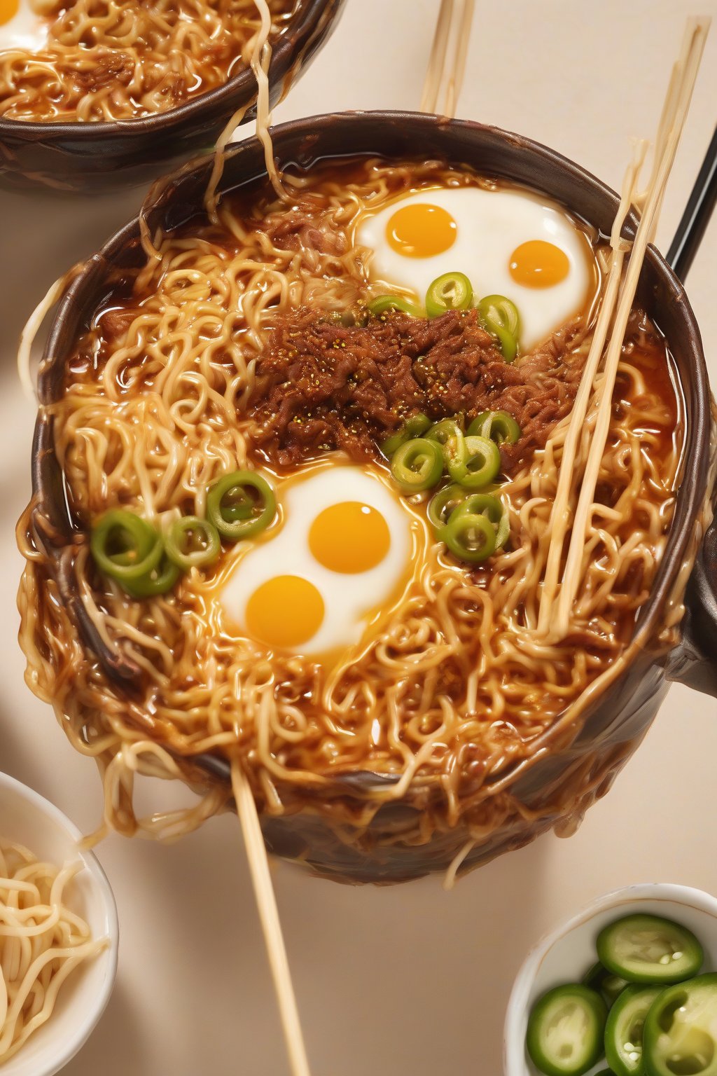 A high-resolution close-up photo of gooey cheese-pulled Buldak ramen with jalapeño pops under soft lighting.