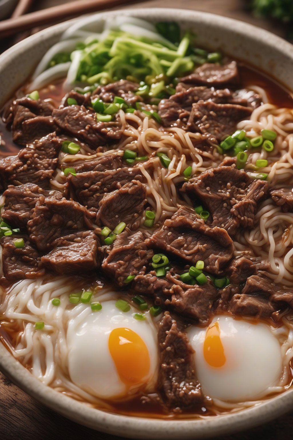 A high-resolution close-up photo of beef bulgogi Buldak ramen with caramelized edges under soft lighting.