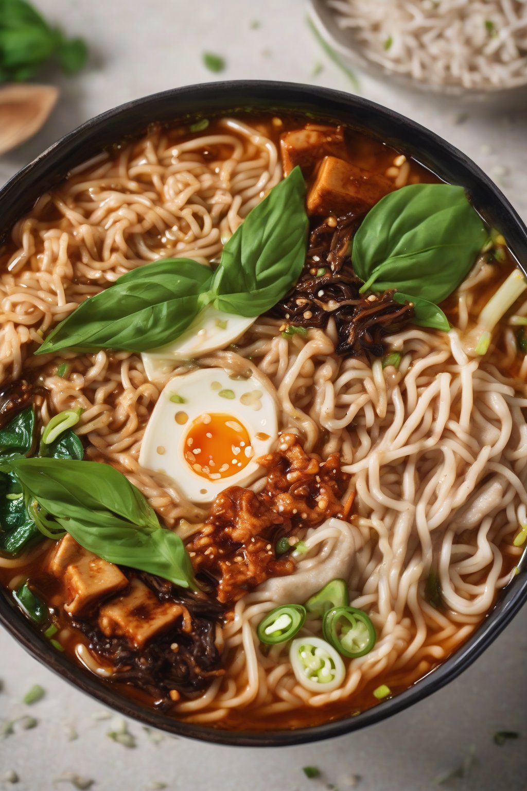 A high-resolution close-up photo of vegan tofu Buldak ramen with fresh Thai basil under soft lighting.