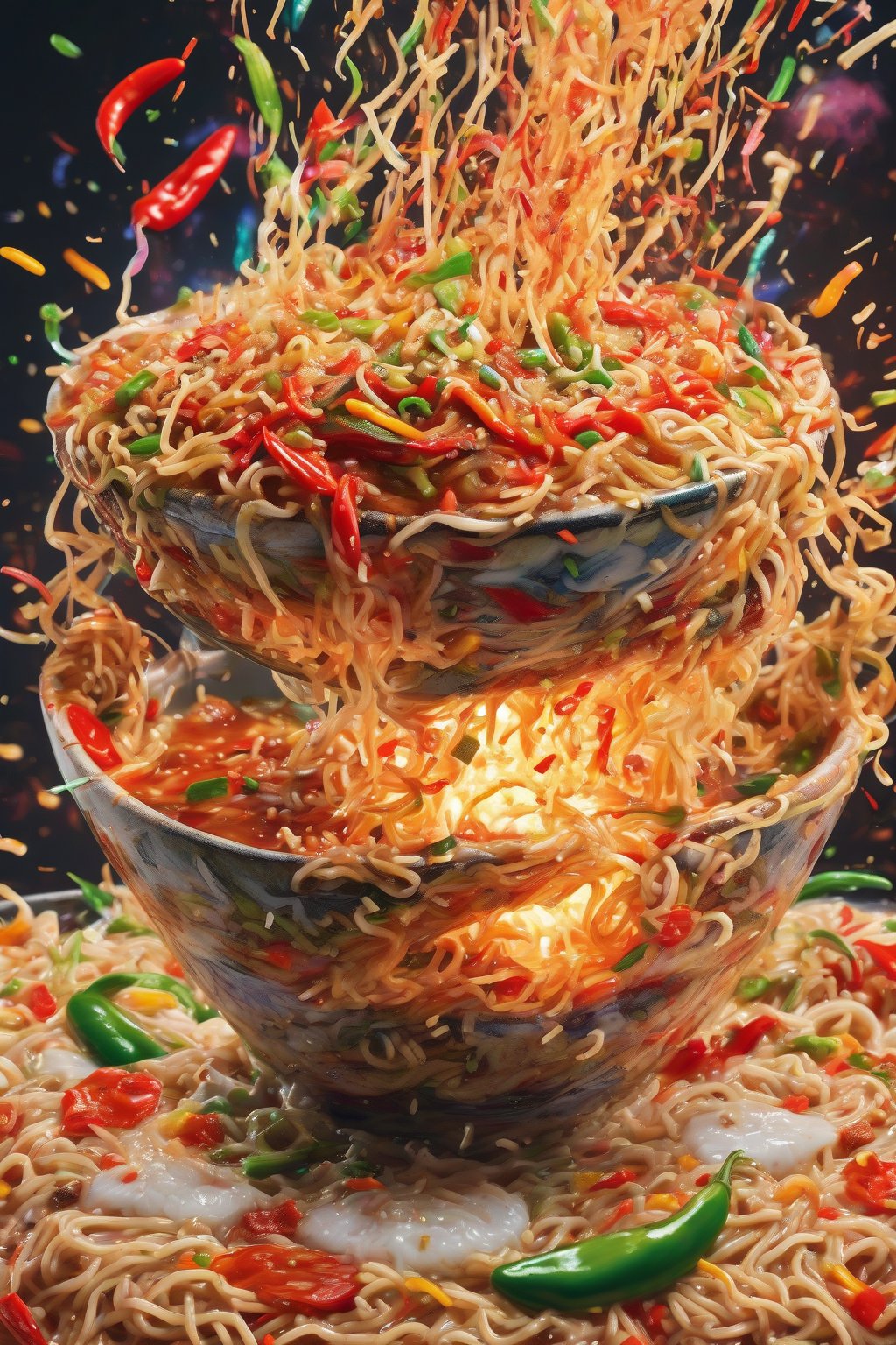 A high-resolution close-up photo of triple-pepper Buldak ramen exploding with colorful chili bits under soft lighting.