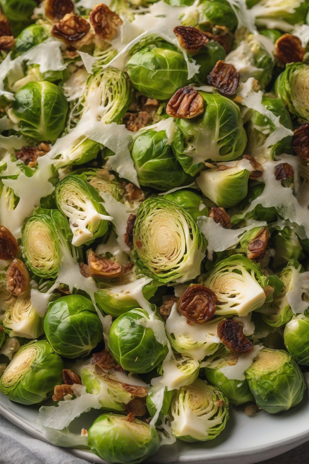 A close-up photo of Brussels sprouts Cesar salad under soft lighting.