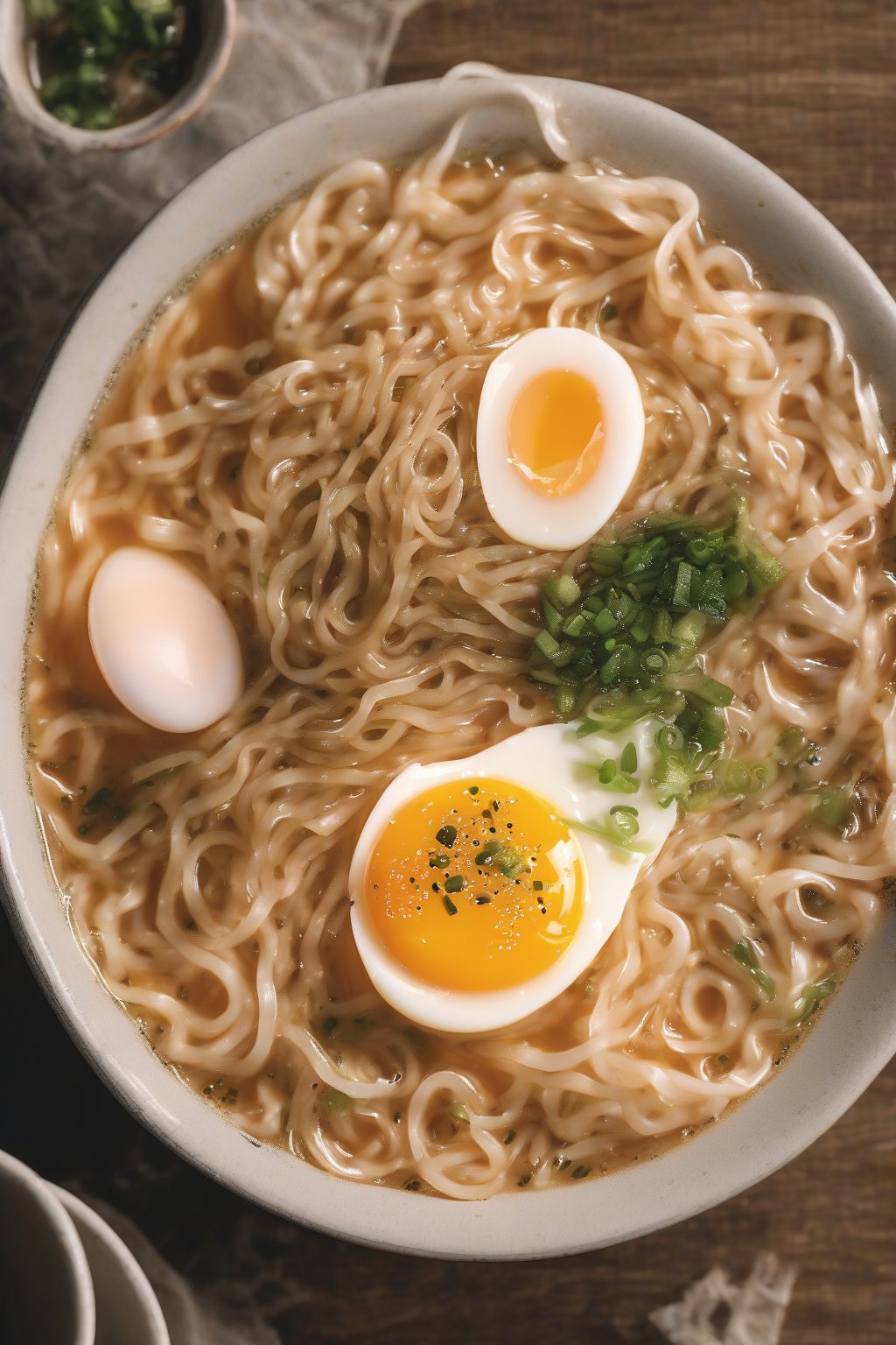 A high-resolution close-up photo of egg drop Buldak ramen with swirling egg ribbons under soft lighting.