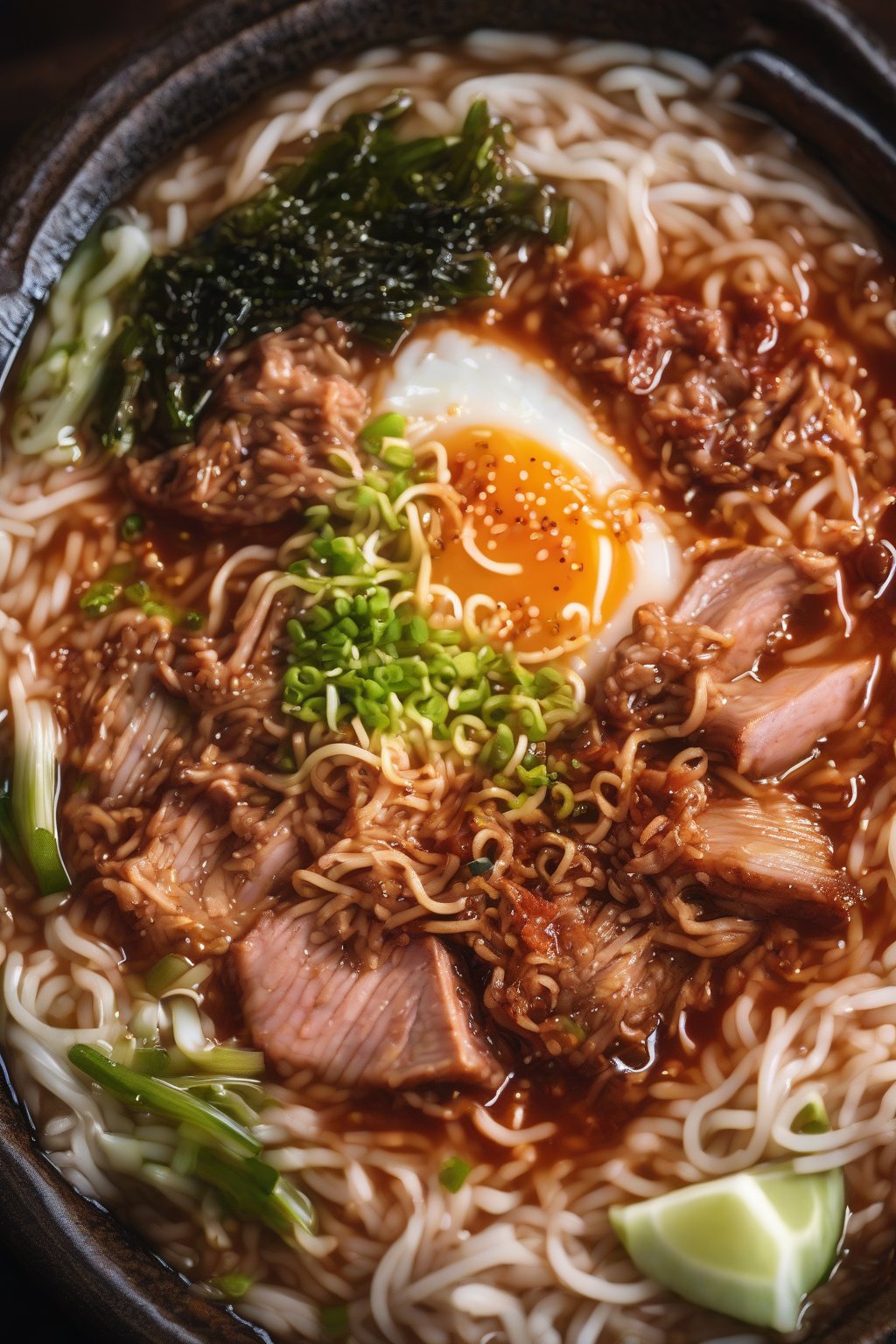 A high-resolution close-up photo of kimchi-loaded Buldak ramen with bubbling pork under soft lighting.