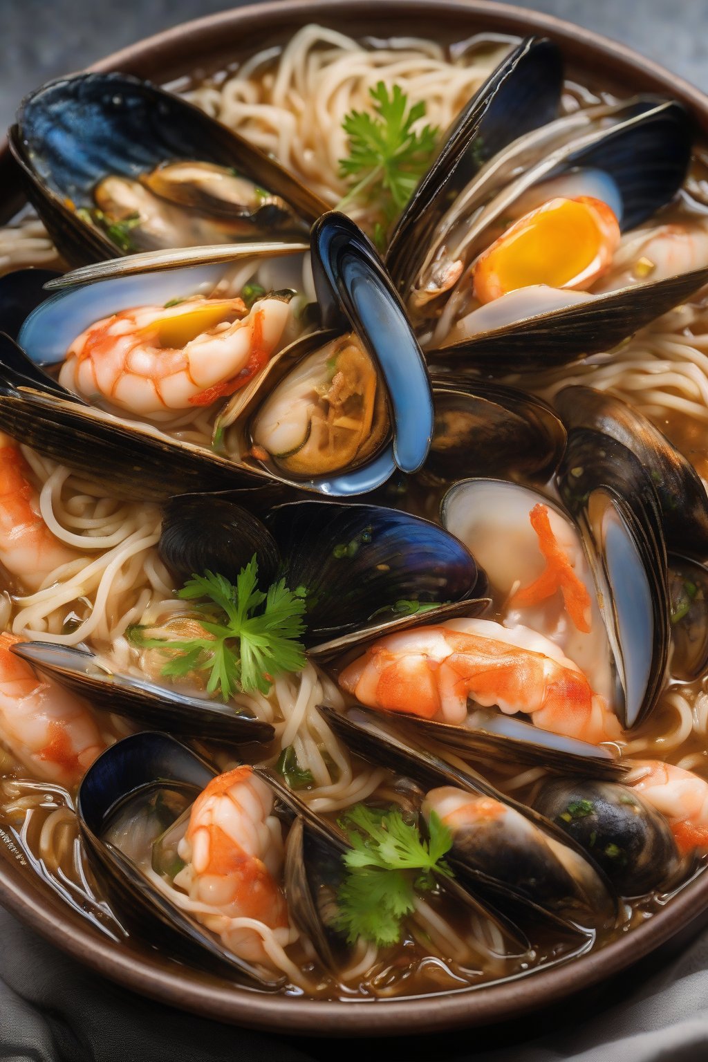 A high-resolution close-up photo of seafood Buldak ramen with open mussels under soft lighting.