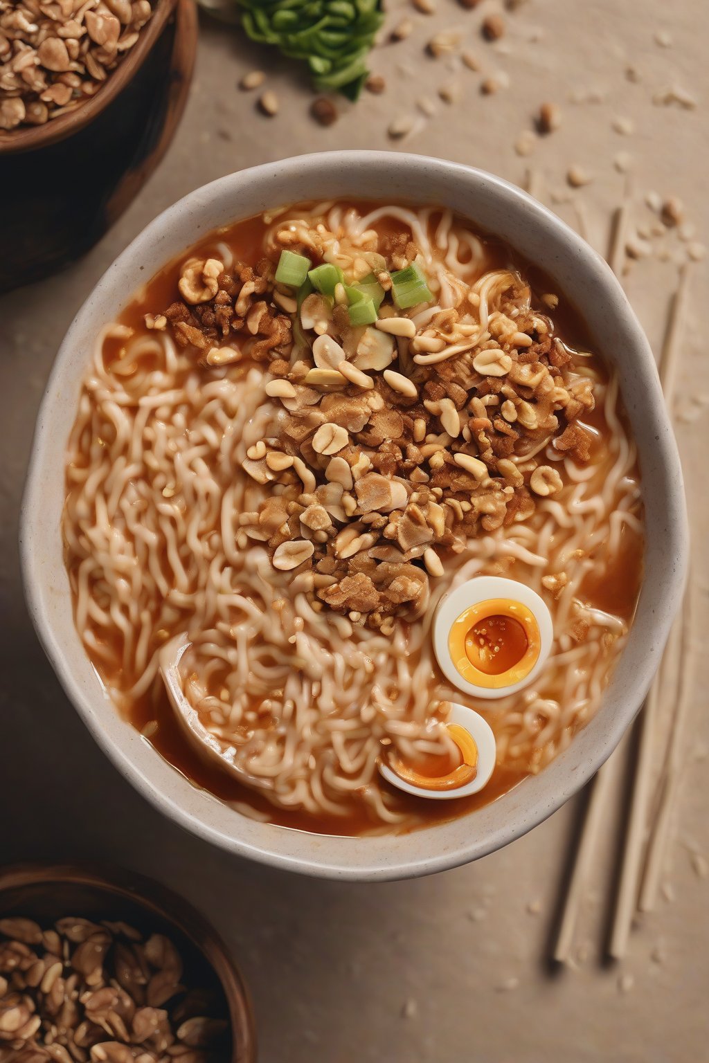A high-resolution close-up photo of peanutty Buldak ramen topped with crushed nuts under soft lighting.