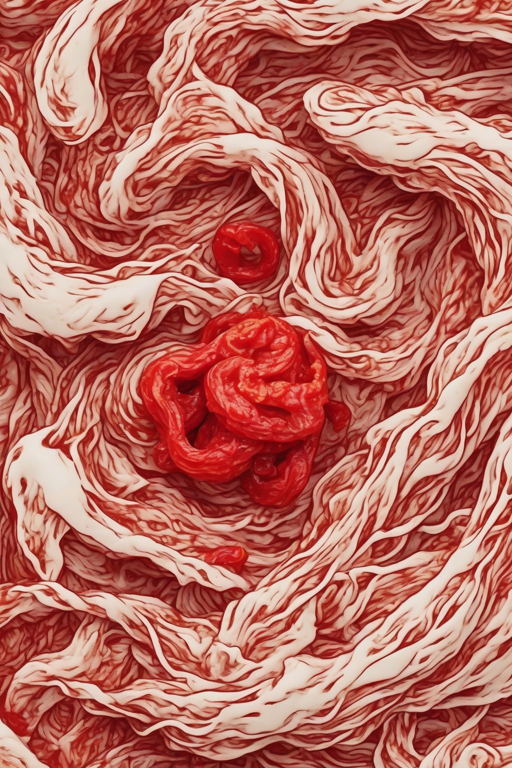 A high-resolution close-up photo of Carolina Reaper Buldak ramen with menacing red swirls under soft lighting.