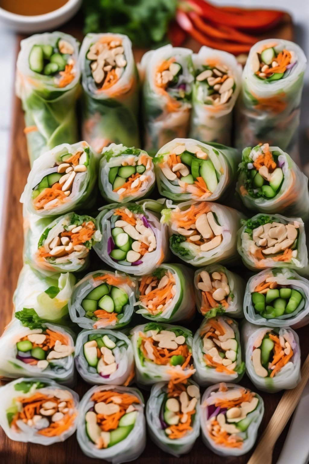 A close-up photo of colorful fresh veggie spring rolls sliced in half on a wooden board, drizzled with peanut sauce, under soft lighting.