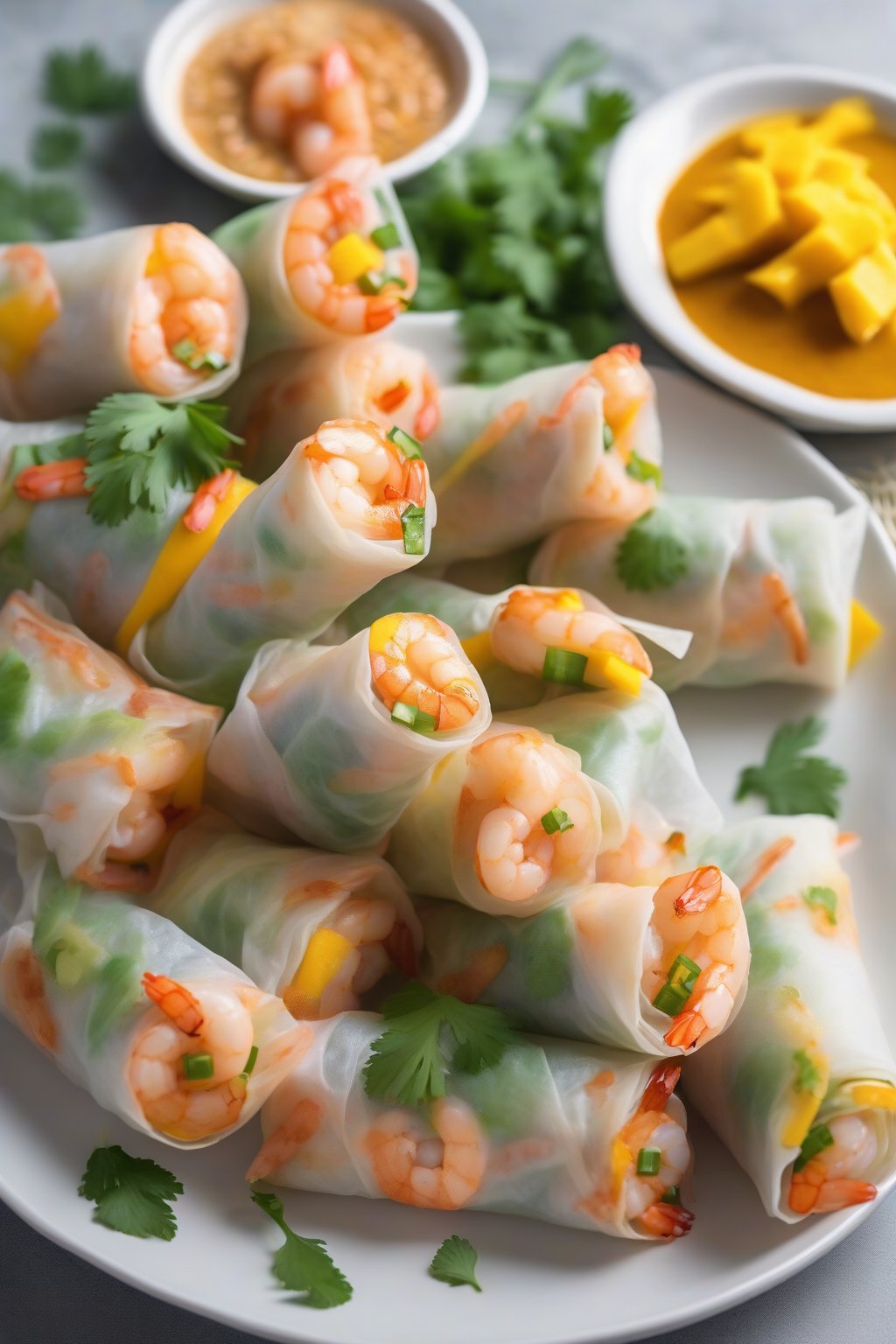 A close-up photo of shrimp and mango spring rolls arranged fan-style on a white plate, garnished with cilantro, under soft lighting.