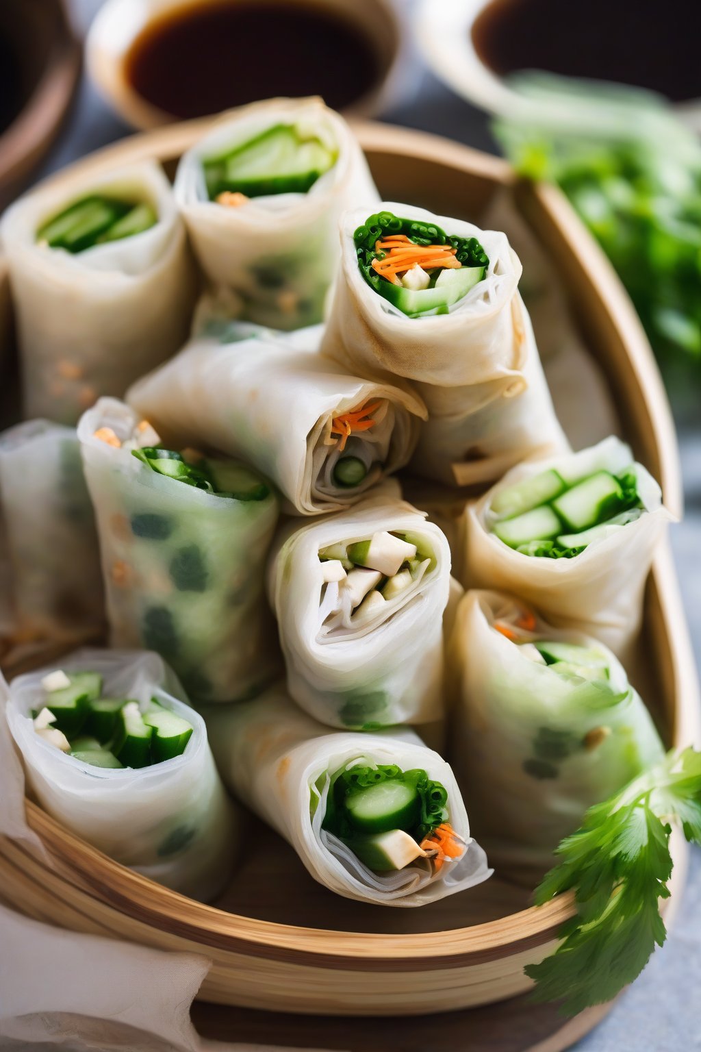 A close-up photo of tofu and cucumber spring rolls standing upright in a bamboo steamer, with hoisin dip nearby, under soft lighting.